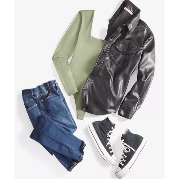 Crave Fame Juniors' Faux-Leather Button-Front Shacket Black Size XS - Picture 12 of 12